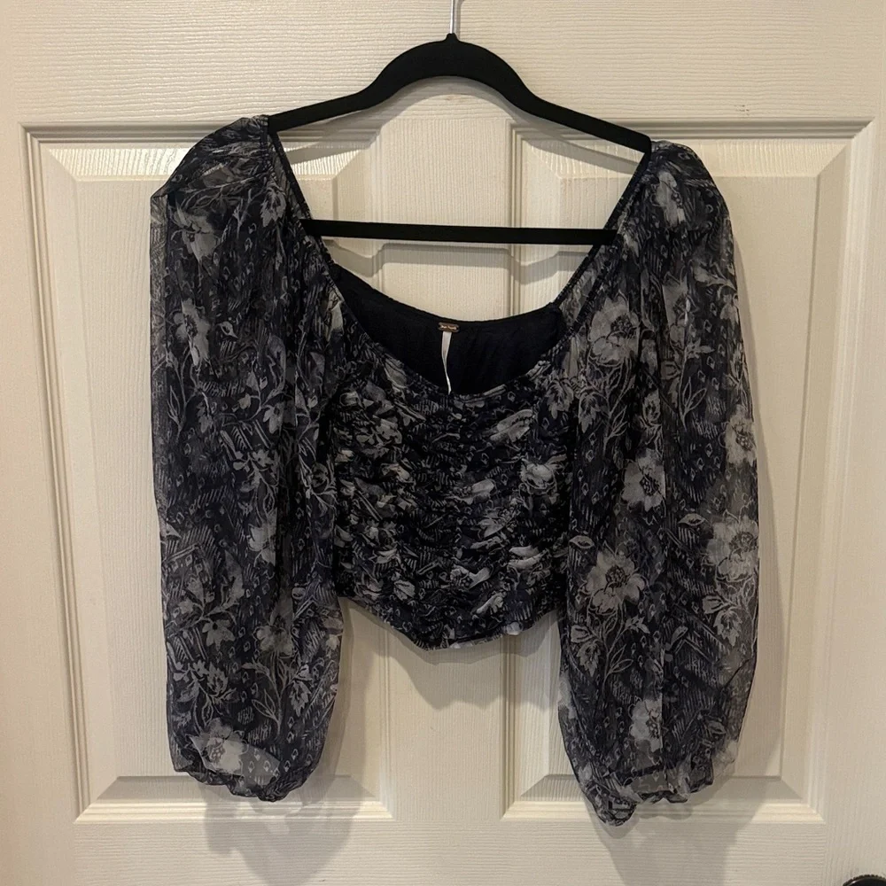 Free People Lilia navy floral runched mesh top, small